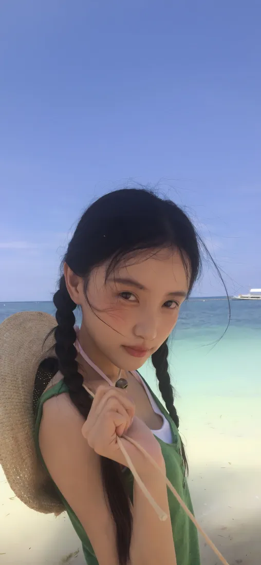双麻花辫美女手机壁纸｜湖水蓝天背景图片 - 清新夏日「哲风壁纸」