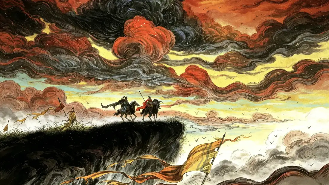 3k古风将士壁纸｜火烧云悬崖背景图片 - 国风绘画「哲风壁纸」