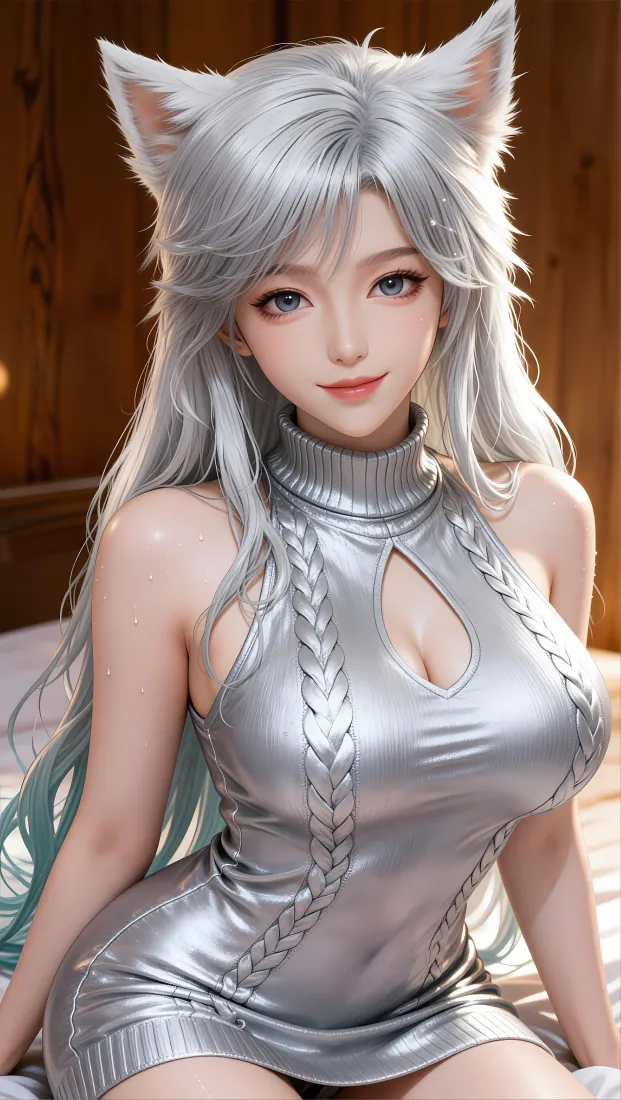 凡人修仙传女神手机壁纸｜银发狐耳背景图片 - 银色紧身裙3D少女「哲风壁纸」