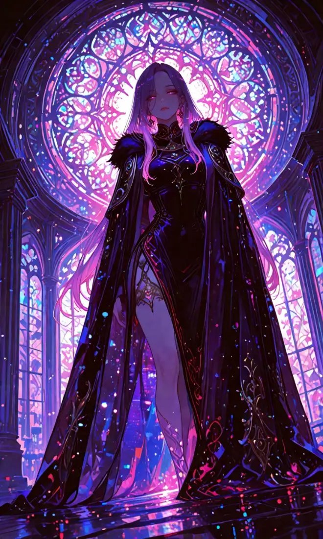 动漫暗黑少女手机壁纸｜哥特花窗背景图片 - 紫调氛围感「哲风壁纸」