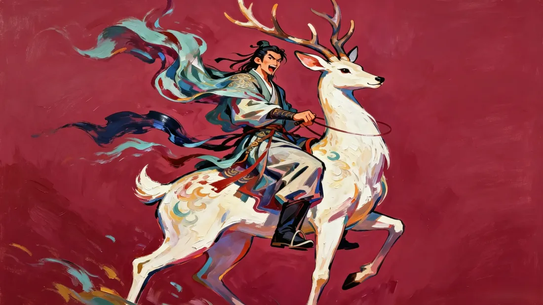 3k古风骑鹿男子壁纸｜国风手绘背景图片 - 红色调插画「哲风壁纸」