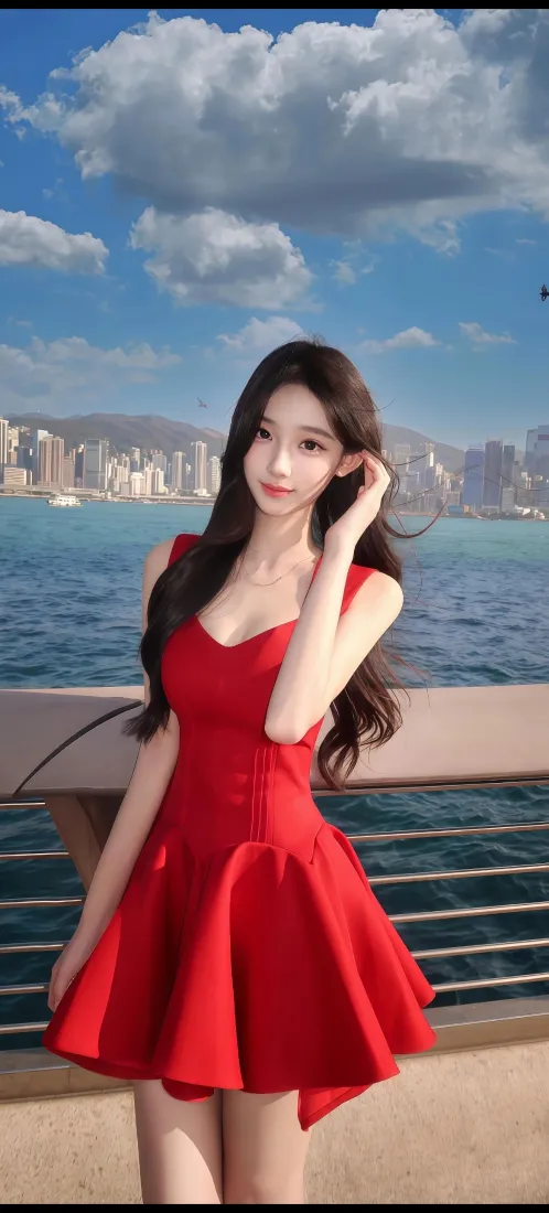 红衣美女手机壁纸｜滨海城市海景背景图片 - 性感气质写真「哲风壁纸」