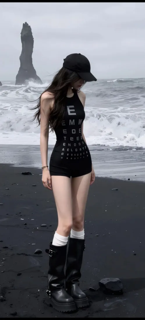性感美女手机壁纸｜黑沙滩海边背景图片 - 酷飒时尚穿搭「哲风壁纸」