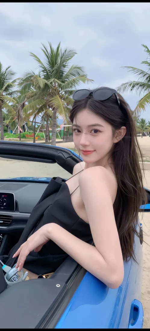 性感美女手机壁纸｜海边敞篷车背景图片 - 棕榈树夏日穿搭「哲风壁纸」