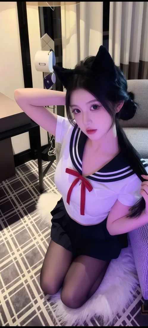 猫耳制服美女手机壁纸｜室内居家背景图片 - 时尚写真「哲风壁纸」
