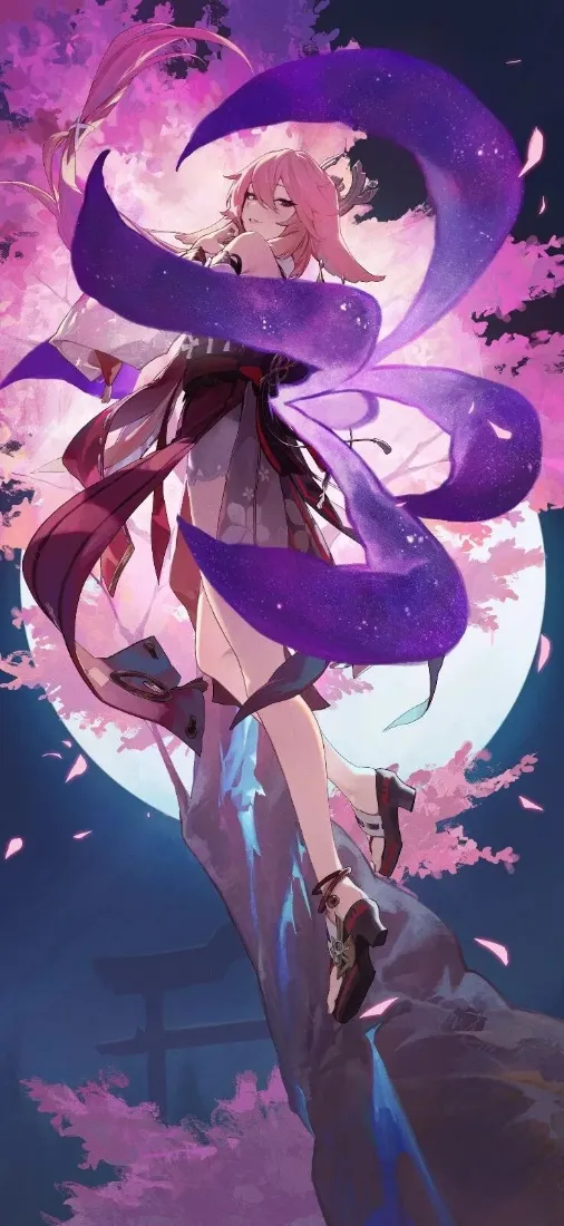 八重神子手机壁纸｜月夜樱花背景图片 - 原神游戏角色「哲风壁纸」
