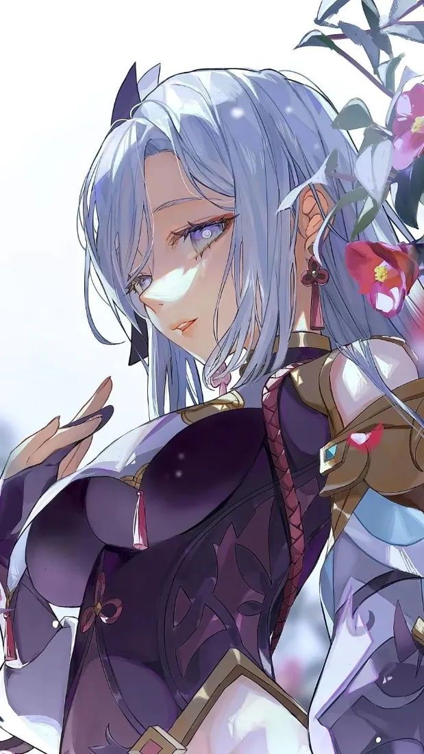二次元少女手机壁纸｜古风花朵背景图片 - 冷艳蓝发女性角色「哲风壁纸」