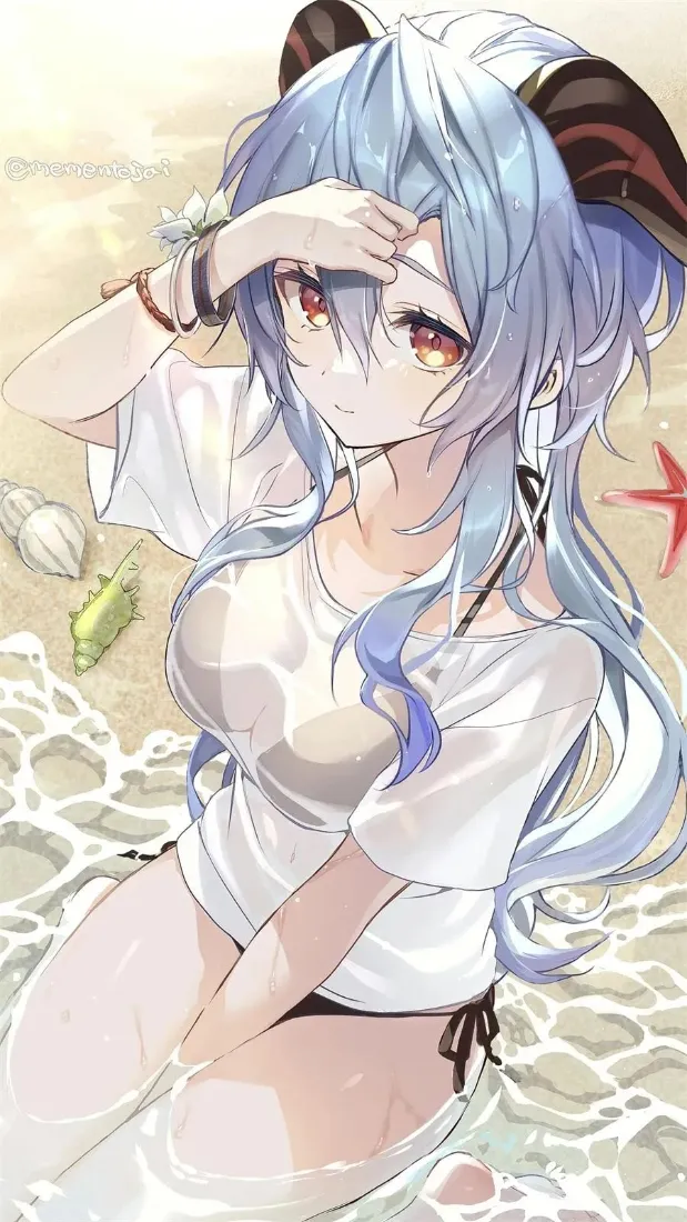 原神甘雨手机壁纸｜海边沙滩背景图片 - 夏日二次元少女「哲风壁纸」