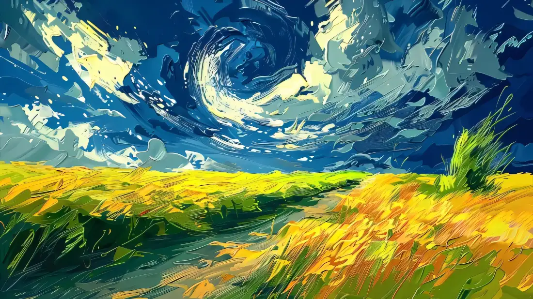 2k油画麦田壁纸｜漩涡天空绿色旷野背景图片 - 印象派艺术创作「哲风壁纸」