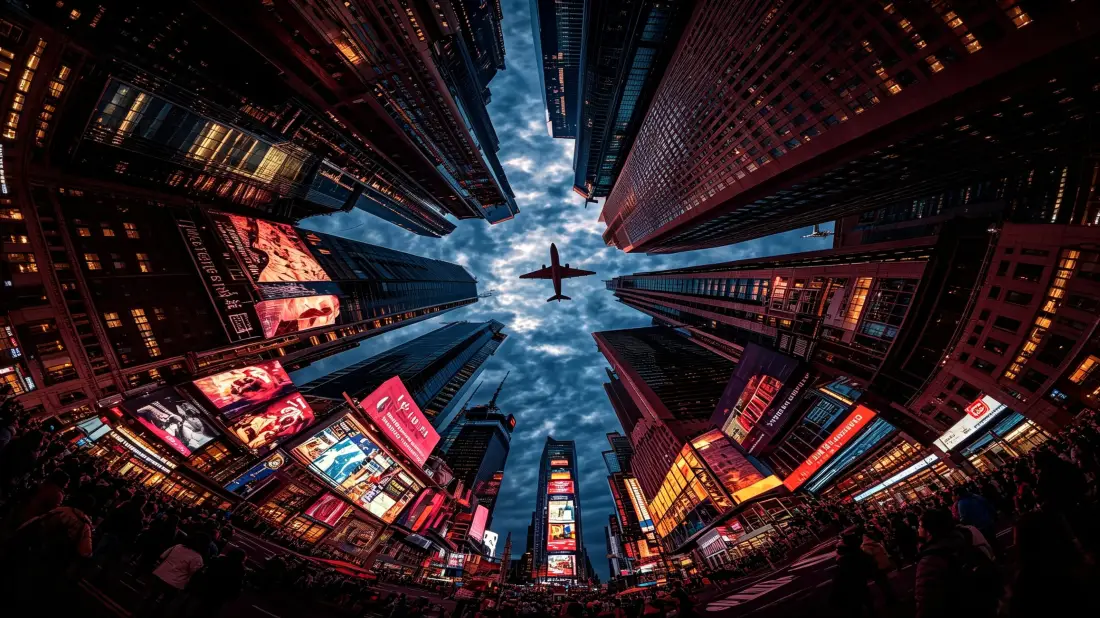 3k城市夜景壁纸｜高楼霓虹背景图片 - 飞机掠过天空「哲风壁纸」