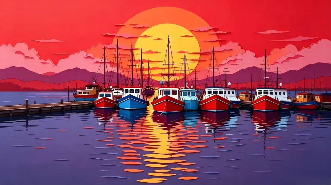3k渔港日落壁纸｜海岸码头背景图片 - 扁平风插画「哲风壁纸」
