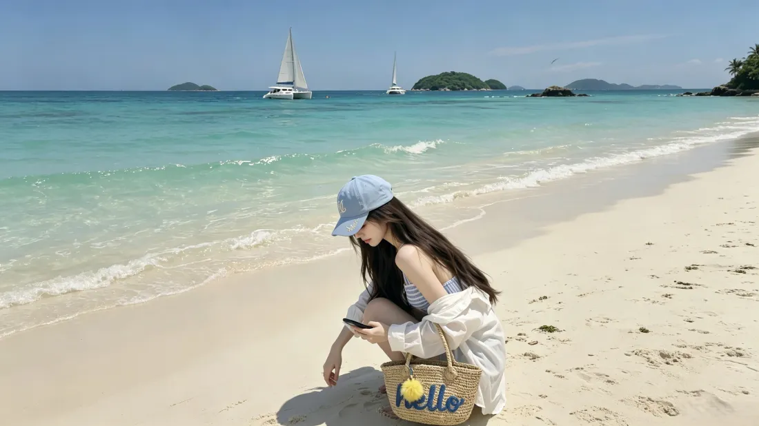 3k海边长发少女壁纸｜沙滩海浪背景图片 - 治愈休闲「哲风壁纸」