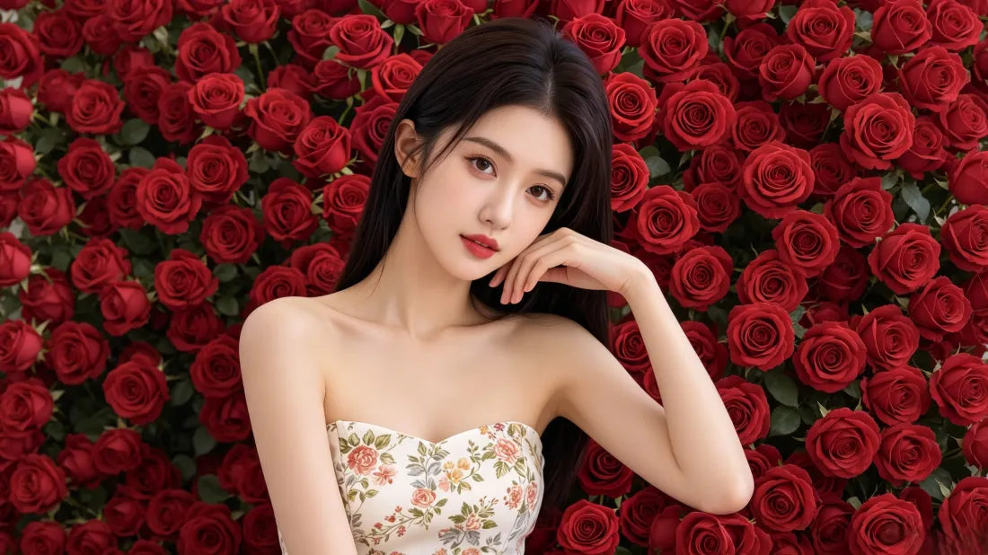 3k甜美长发美女壁纸｜红玫瑰背景图片 - 碎花抹胸氛围感写真「哲风壁纸」