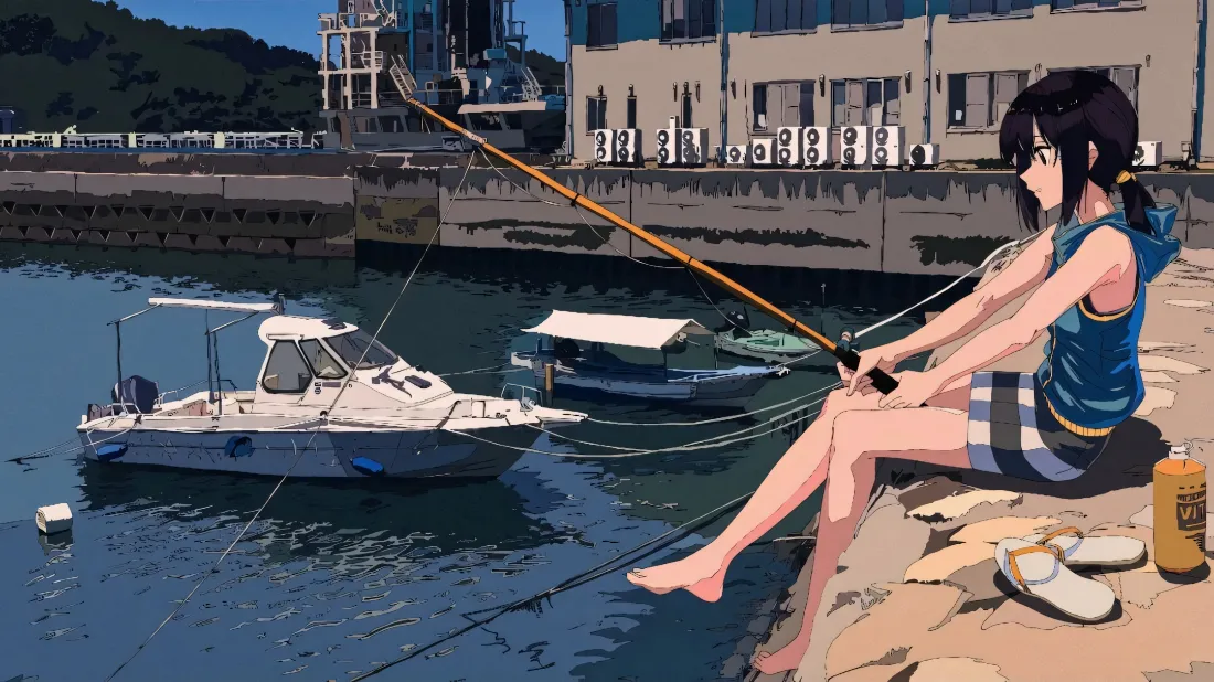 2k港口垂钓少女壁纸｜日系清新海边背景图片 - 治愈插画「哲风壁纸」