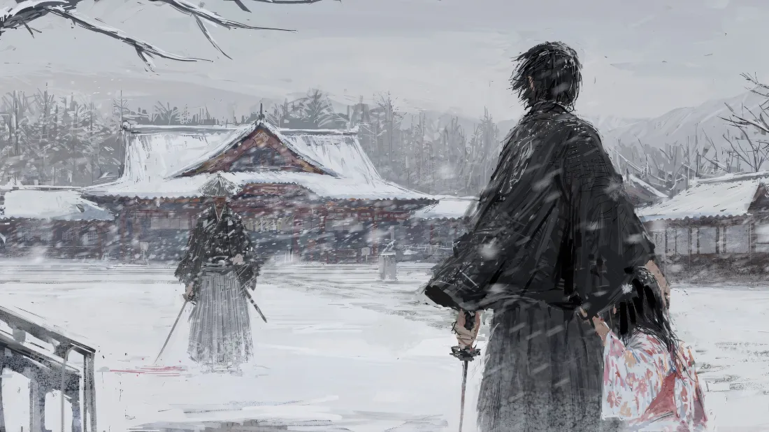 2k持刀武士壁纸｜雪天对决背景图片 - 日式古建筑冬日雪景「哲风壁纸」