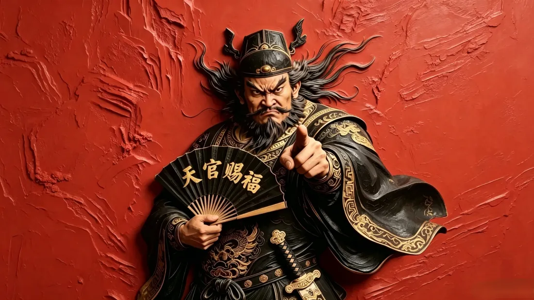3k钟馗壁纸｜红色墙面背景图片 - 天官赐福古风雕像「哲风壁纸」