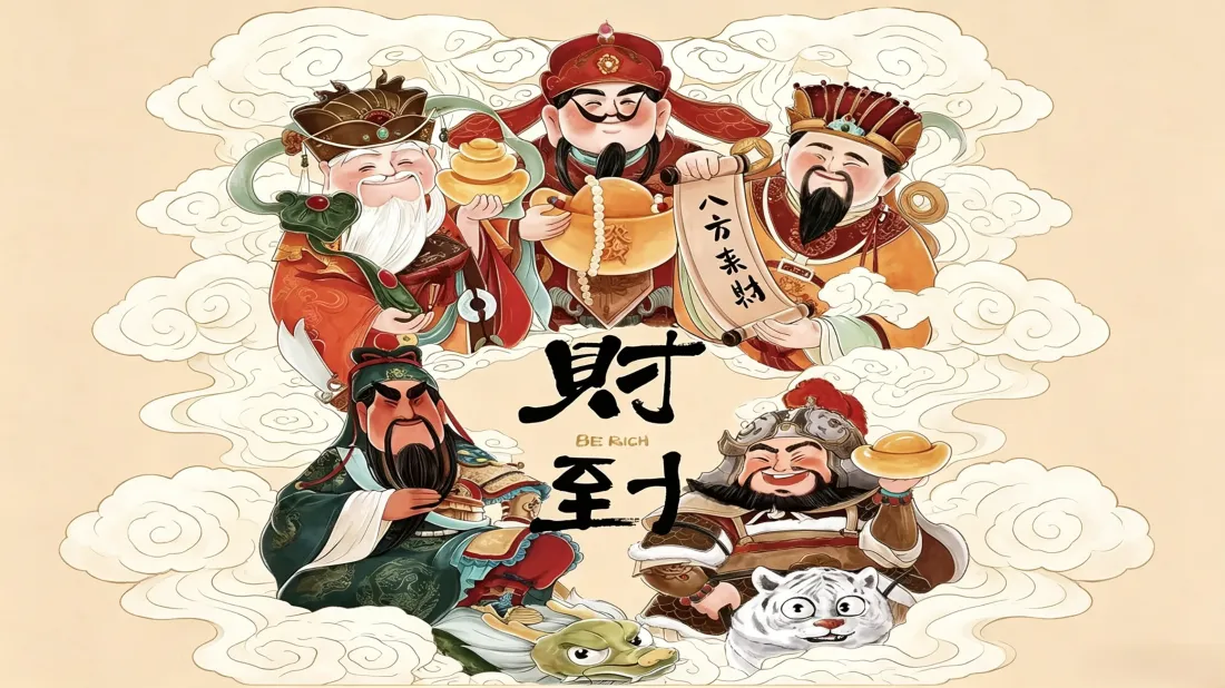 3k五路财神壁纸｜国风祥云喜庆背景图片 - 招财祈福吉祥「哲风壁纸」