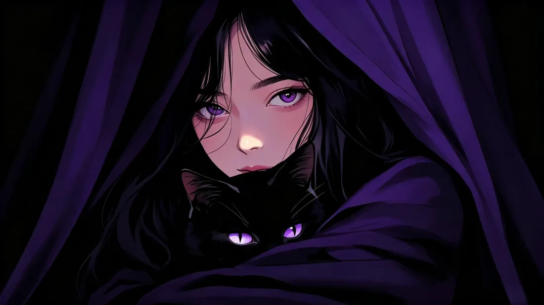 3k紫瞳少女壁纸｜斗篷黑猫背景图片 - 暗黑风二次元插画「哲风壁纸」