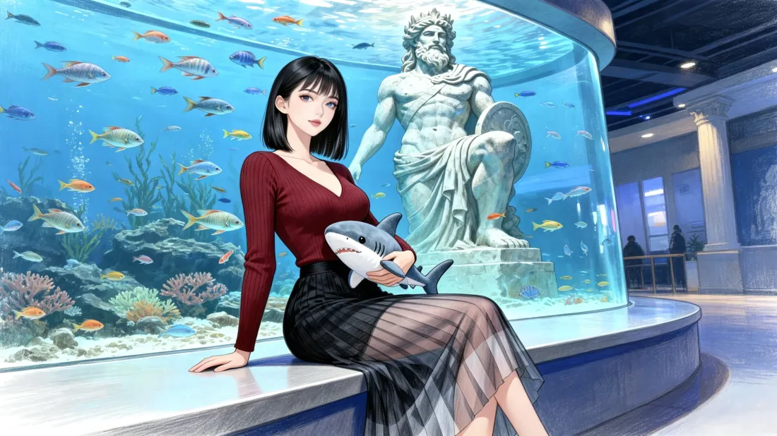 3k二次元短发少女壁纸｜水族馆鱼缸背景图片 - 抱鲨鱼玩偶「哲风壁纸」