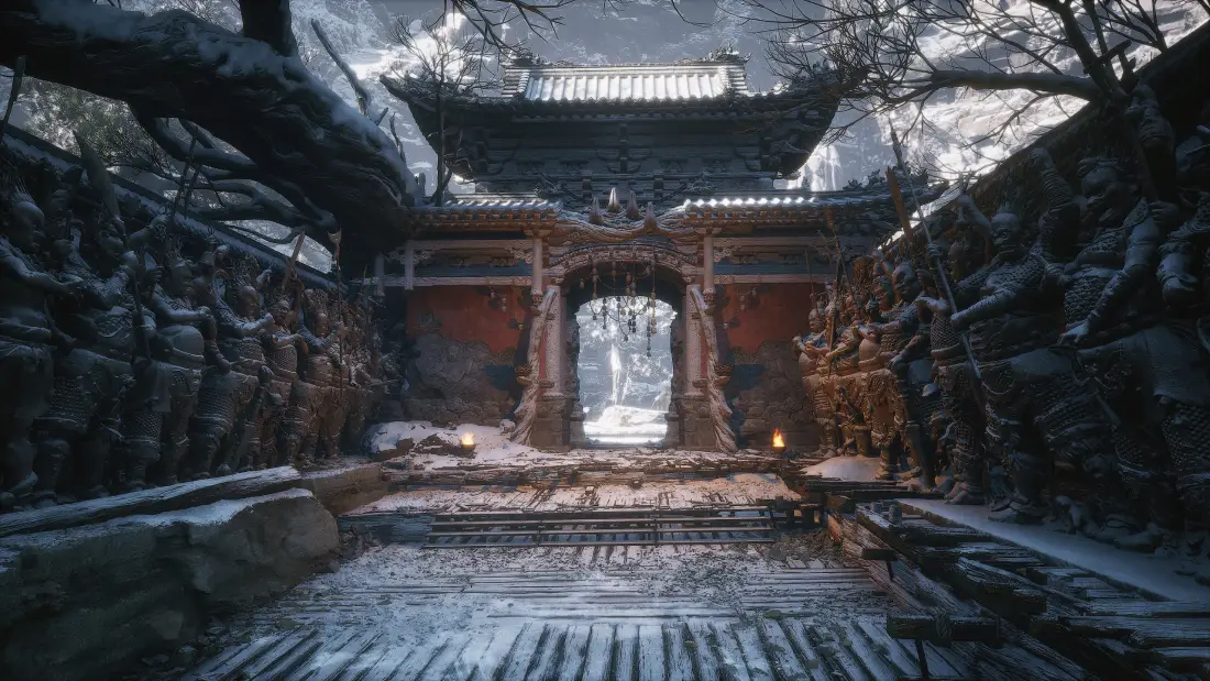 3k黑神话悟空壁纸｜冬日雪景古寺山门背景图片 - 国风游戏场景「哲风壁纸」