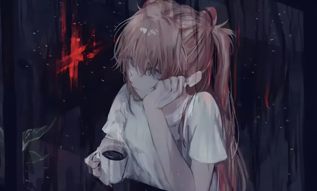 2k忧郁少女壁纸｜暗黑背景图片 - 粉棕双马尾插画「哲风壁纸」