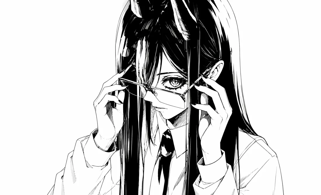 2k猫耳眼镜少女壁纸｜黑白长直二次元背景图片 - 手绘插画「哲风壁纸」