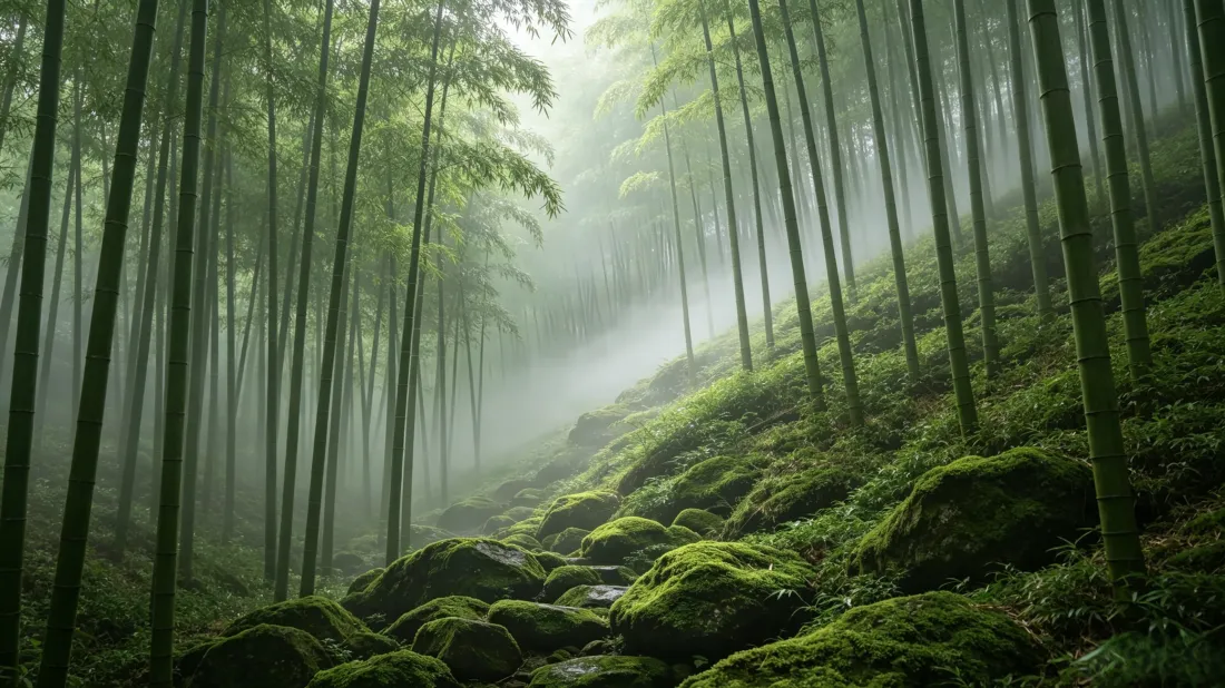 3k雾中竹林壁纸｜山间苔藓背景图片 - 清新自然风光「哲风壁纸」