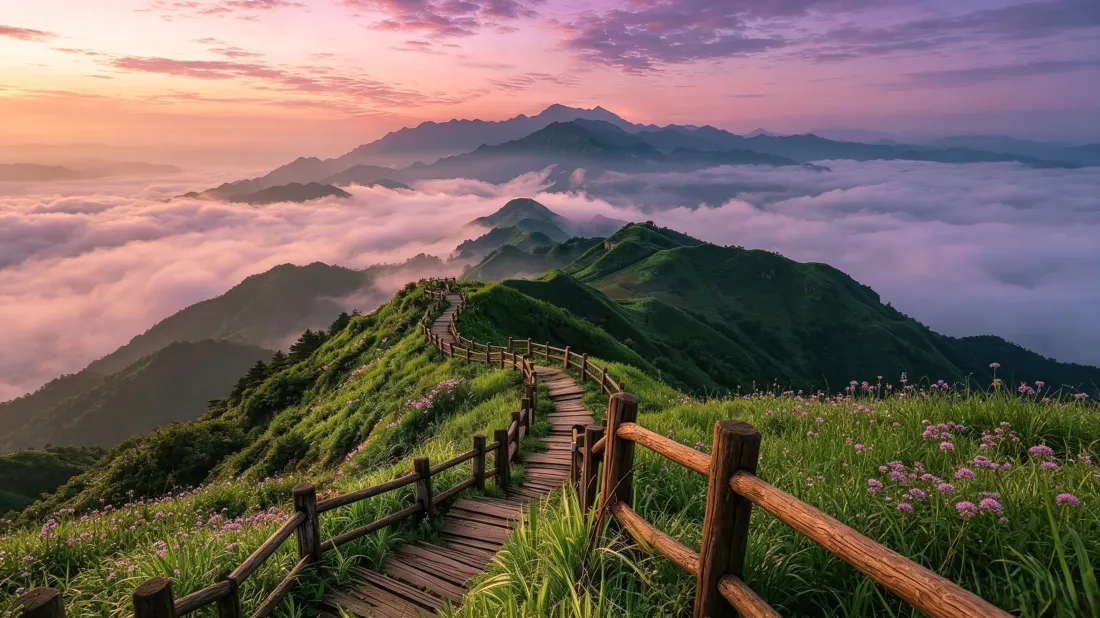 3k高山云海壁纸｜山间栈道草甸背景图片 - 自然治愈风景「哲风壁纸」