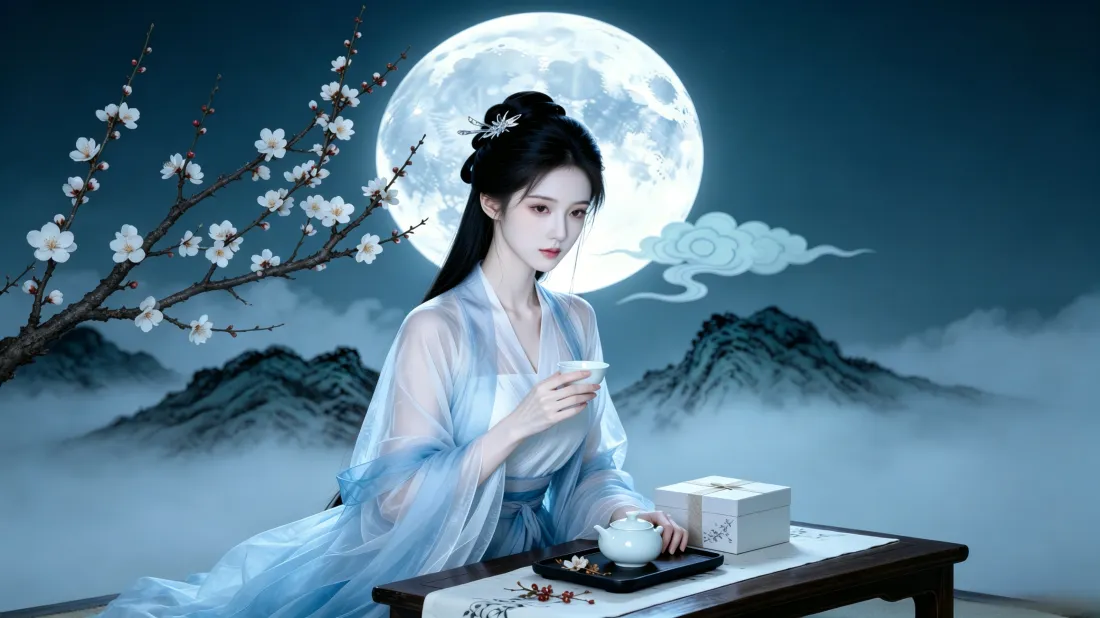 3k古风汉服美女壁纸｜月夜云雾桃花背景图片 - 清冷品茶「哲风壁纸」