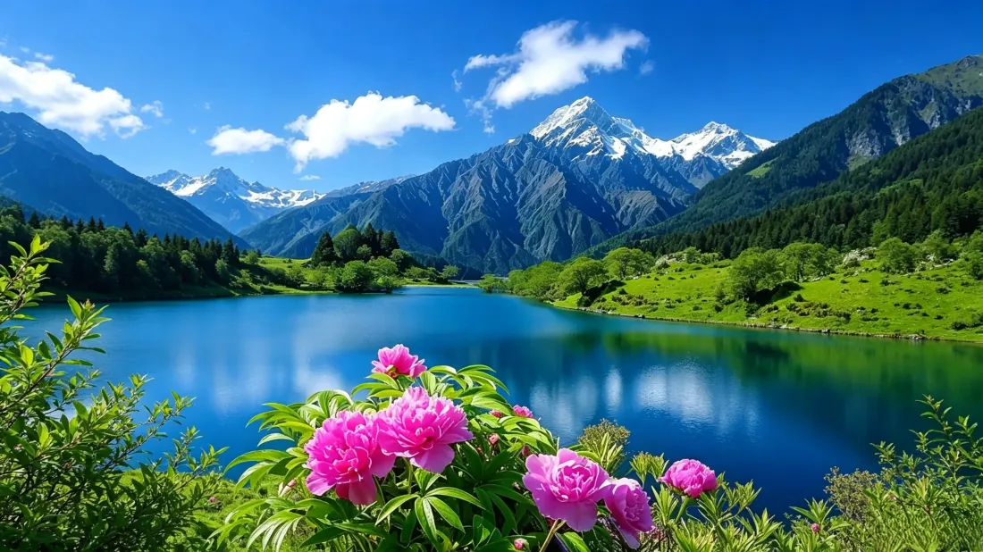 3k自然风景壁纸｜雪山湖泊背景图片 - 粉色鲜花「哲风壁纸」