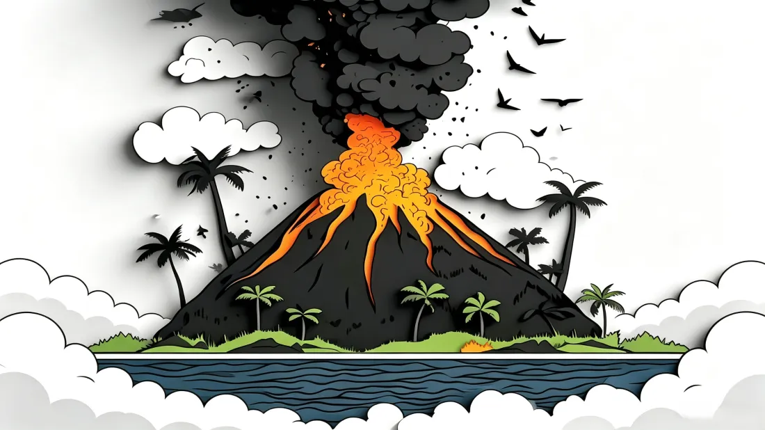 3k火山喷发壁纸｜热带海岛插画背景图片 - 创意剪纸风「哲风壁纸」