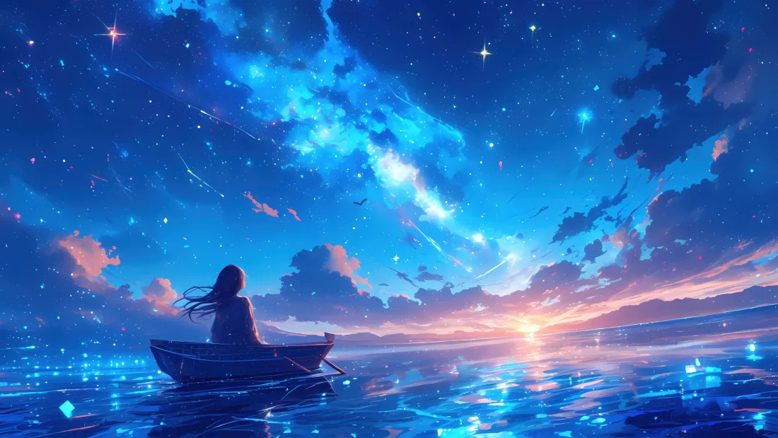 6k星空少女壁纸｜银河湖面落日背景图片 - 浪漫治愈氛围感「哲风壁纸」