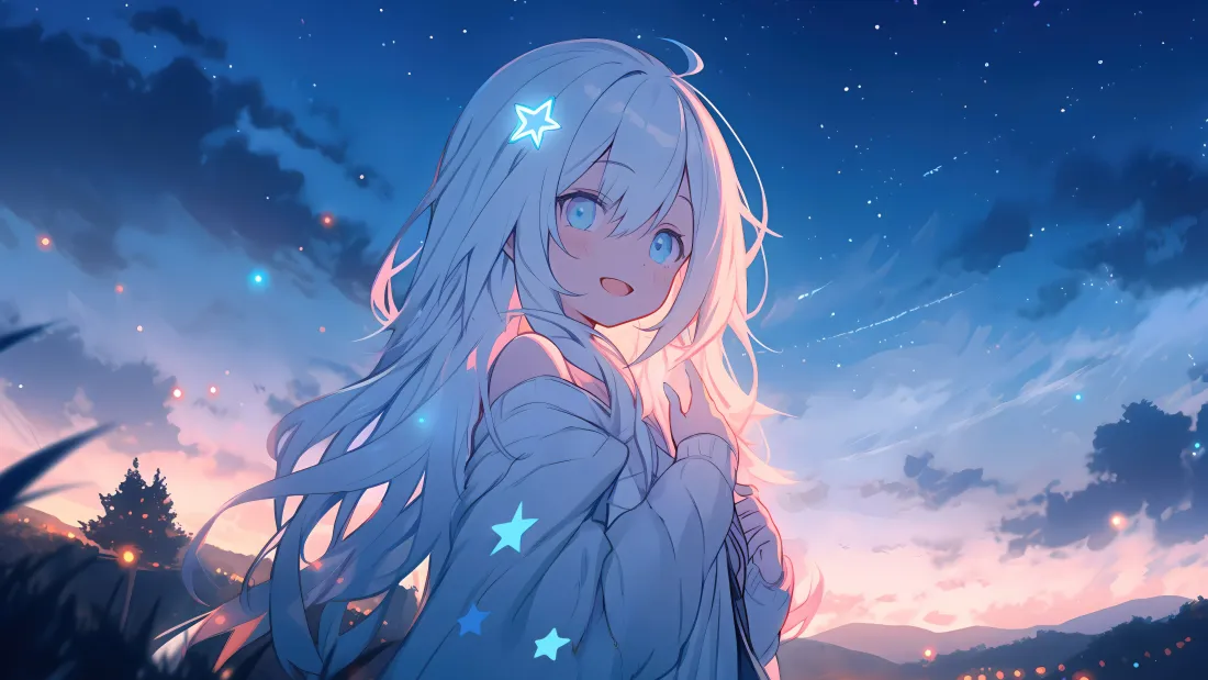6k白发二次元少女壁纸｜星空夜晚背景图片 - 4k超清「哲风壁纸」