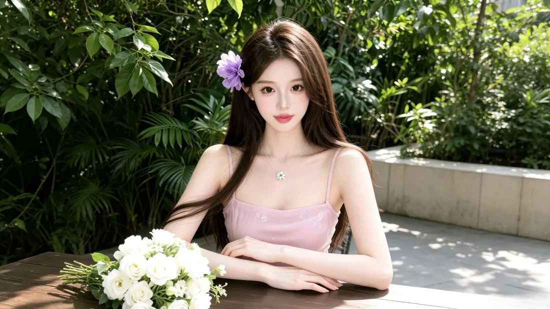 3k紫花发饰美女壁纸｜户外绿植背景图片 - 清新氛围感写真「哲风壁纸」