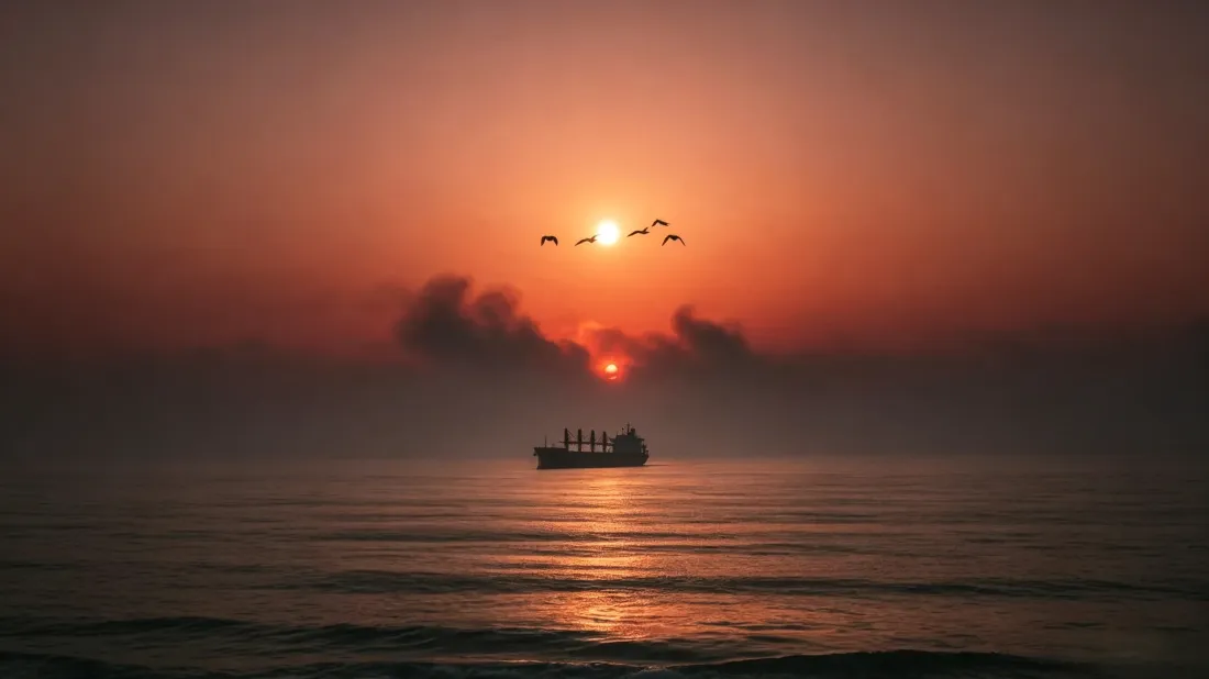 3k海上日落壁纸｜海面飞鸟船只背景图片 - 治愈自然风景「哲风壁纸」