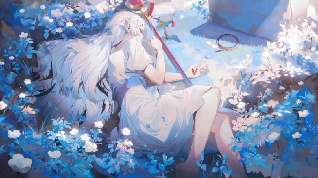 6k白发天使少女壁纸｜蓝色花海背景图片 - 4k超清二次元「哲风壁纸」