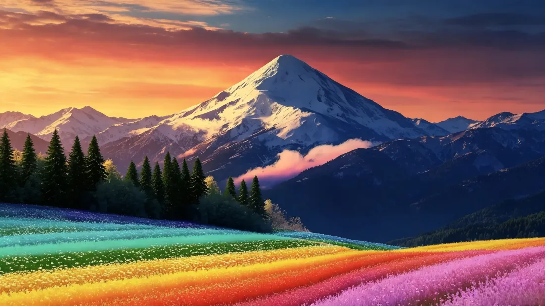 3k雪山日落壁纸｜彩虹花田森林背景图片 - 自然治愈旷野风景「哲风壁纸」