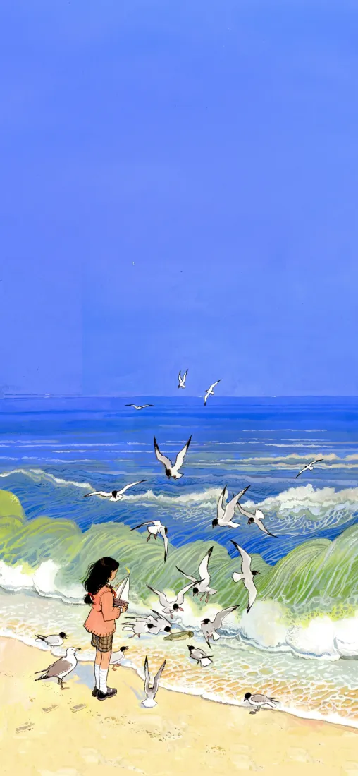 海鸥插画手机壁纸｜海边沙滩背景图片 - 治愈清新场景「哲风壁纸」
