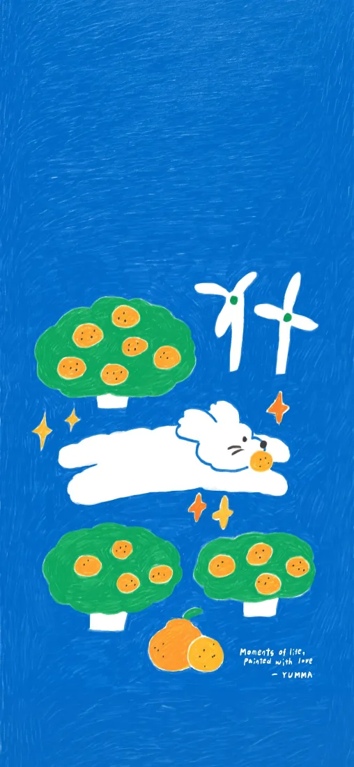 可爱兔子手机壁纸｜蓝天果园背景图片 - 卡通治愈手绘插画「哲风壁纸」