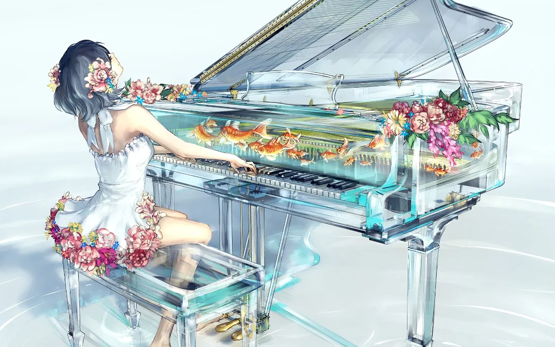 2k弹钢琴少女壁纸｜水晶钢琴金鱼背景图片 - 二次元清新插画「哲风壁纸」