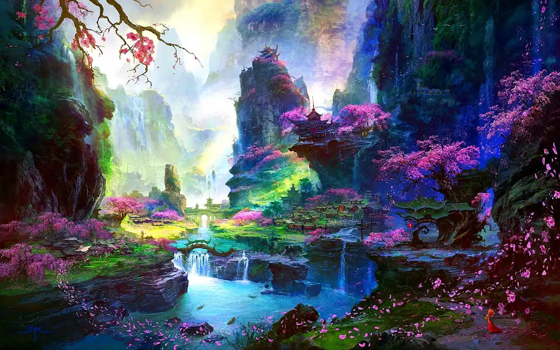 2k梦幻山水壁纸｜仙境峡谷背景图片 - 花树溪流「哲风壁纸」