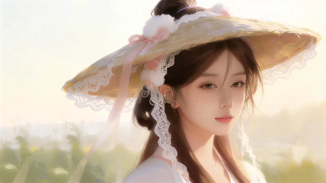 2k古风斗笠少女壁纸｜户外暖光背景图片 - 油画风格「哲风壁纸」
