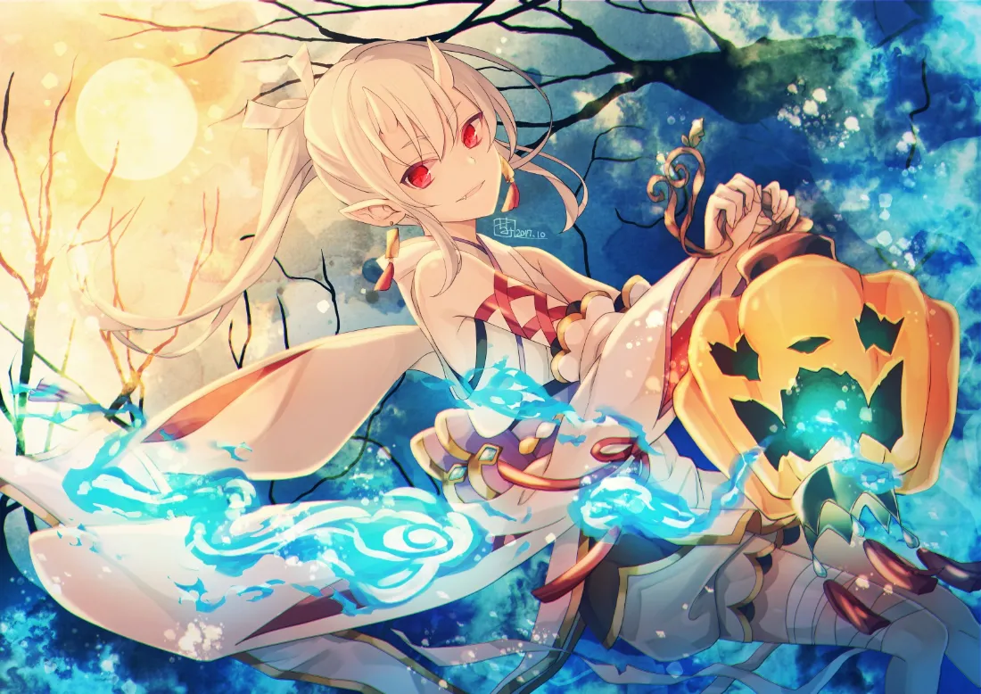 2k银发红瞳和服少女壁纸｜月夜灯笼背景图片 - 二次元插画「哲风壁纸」