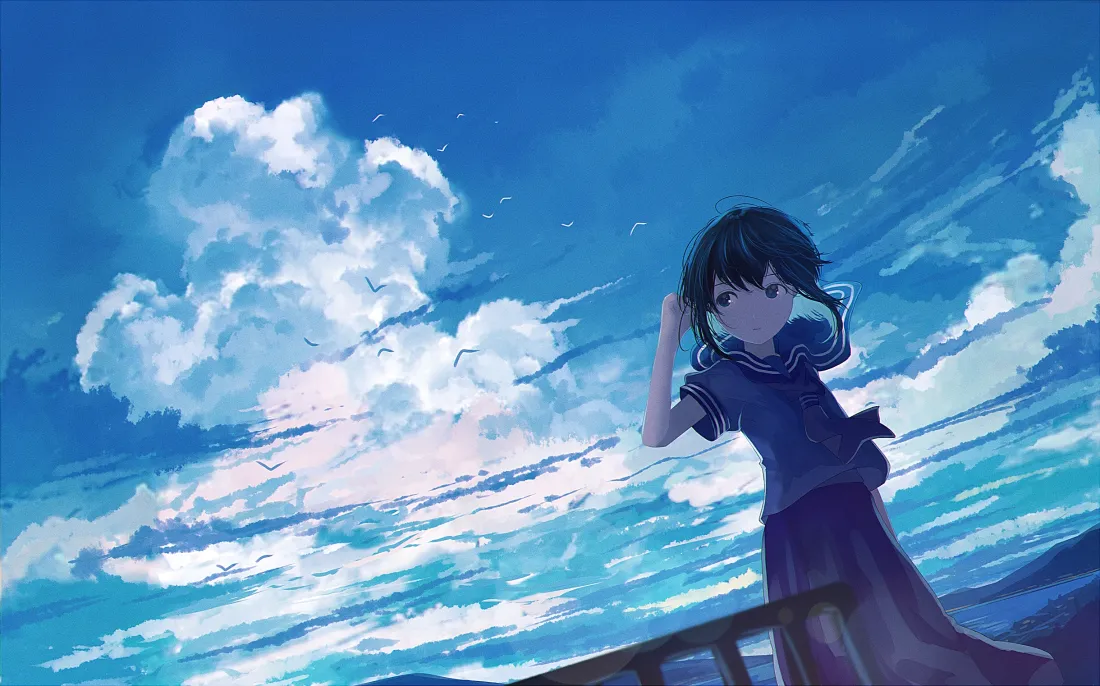 2k动漫少女壁纸｜蓝天白云背景图片 - 日系二次元插画「哲风壁纸」