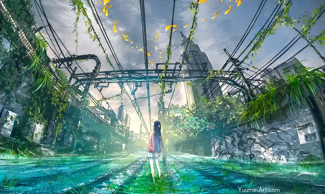 2k动漫少女壁纸｜废弃绿植水面背景图片 - 阳光治愈场景「哲风壁纸」