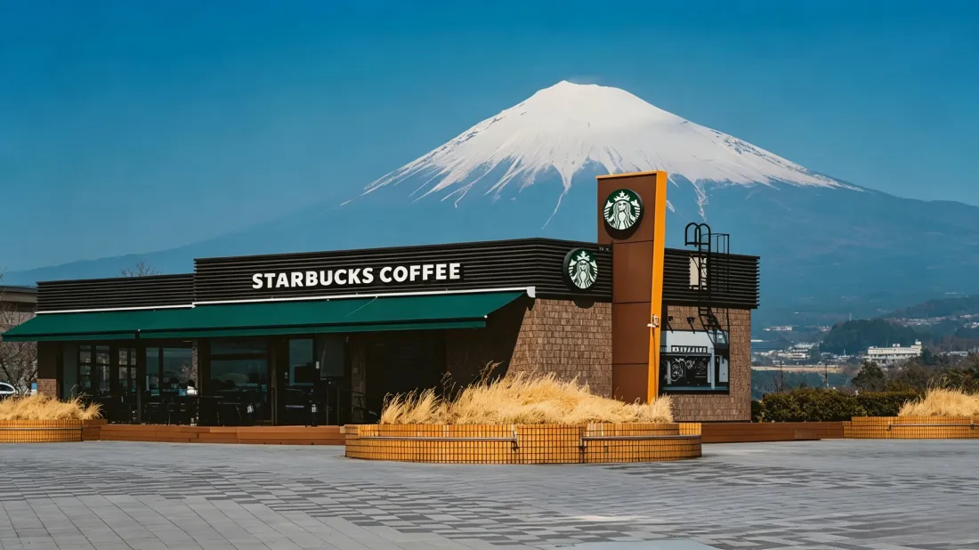 3k富士山壁纸｜星巴克门店背景图片 - 晴朗蓝天开阔风景「哲风壁纸」