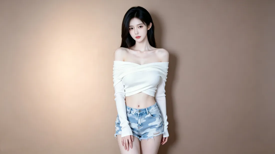 3k美女壁纸｜露肩上衣背景图片 - 牛仔短裤时尚写真「哲风壁纸」
