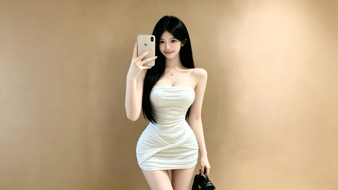 3k白裙长发美女壁纸｜暖黄墙面背景图片 - 对镜自拍「哲风壁纸」