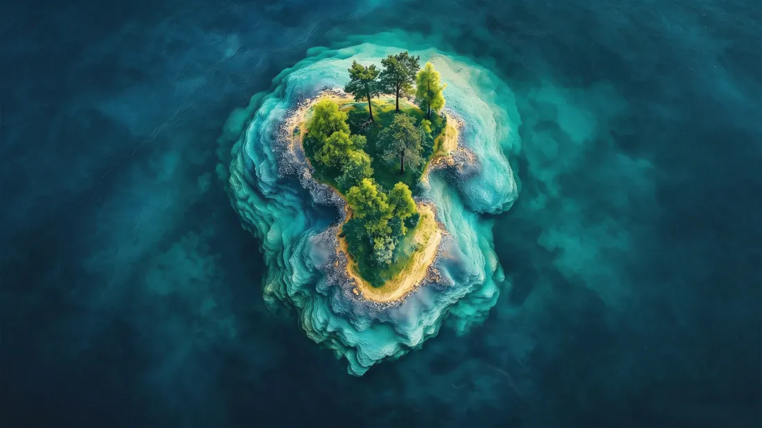 3k心形海岛壁纸｜碧海绿植背景图片 - 治愈自然景观「哲风壁纸」