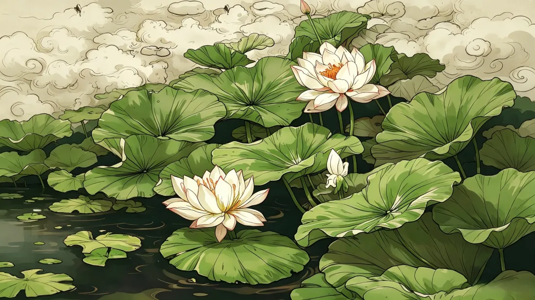 3k荷花壁纸｜荷塘荷叶祥云背景图片 - 国风清新插画「哲风壁纸」